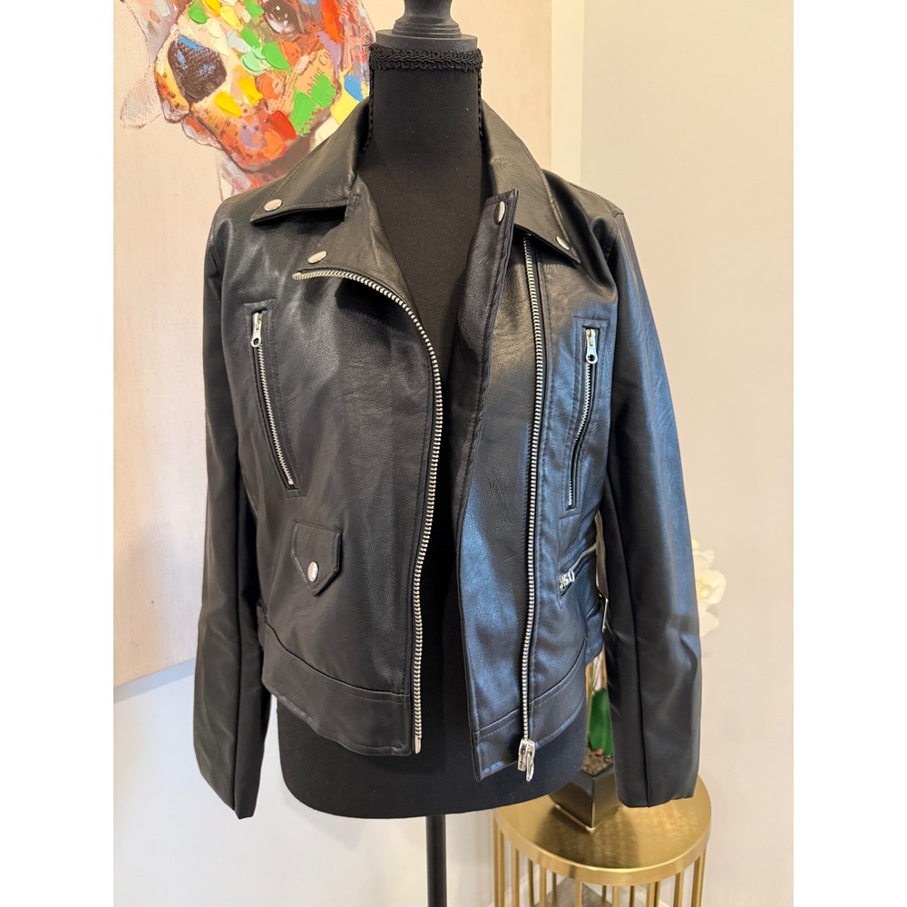 Love Tree Womens Black Faux Leather Moto Biker Jacket, Red Lining, Small